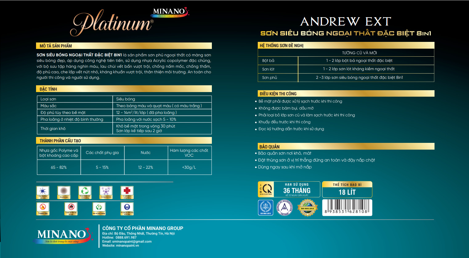 Thông số ANDREW EXT - Sơn siêu bóng ngoại thất đặc biệt 8 in 1