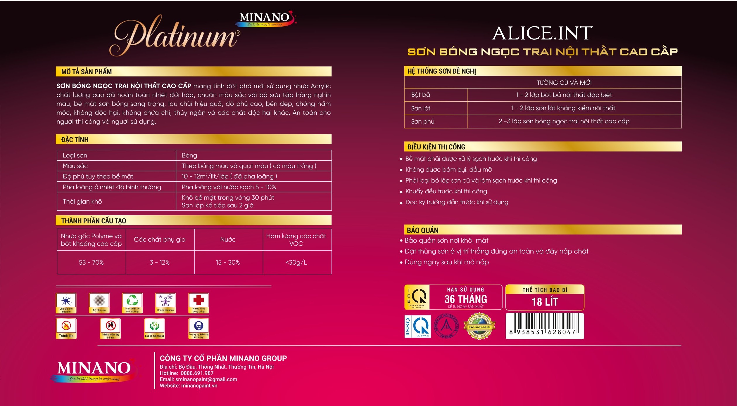 Mô tả sản phẩm sơn bóng ngọc trai nội thất cao cấp Alice INT