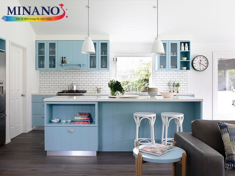 Phòng bếp với tone xanh pastel mang đến cảm giác nhẹ nhàng, mát mẻ và thư thái