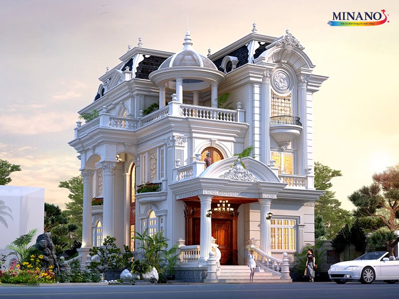 Biệt thự tân cổ điển 3 tầng với màu sơn ngoại thất màu trắng sứ, điểm nhấn là kiến trúc đẹp mắt, tạo nên không gian sống ấm áp và trang nhã