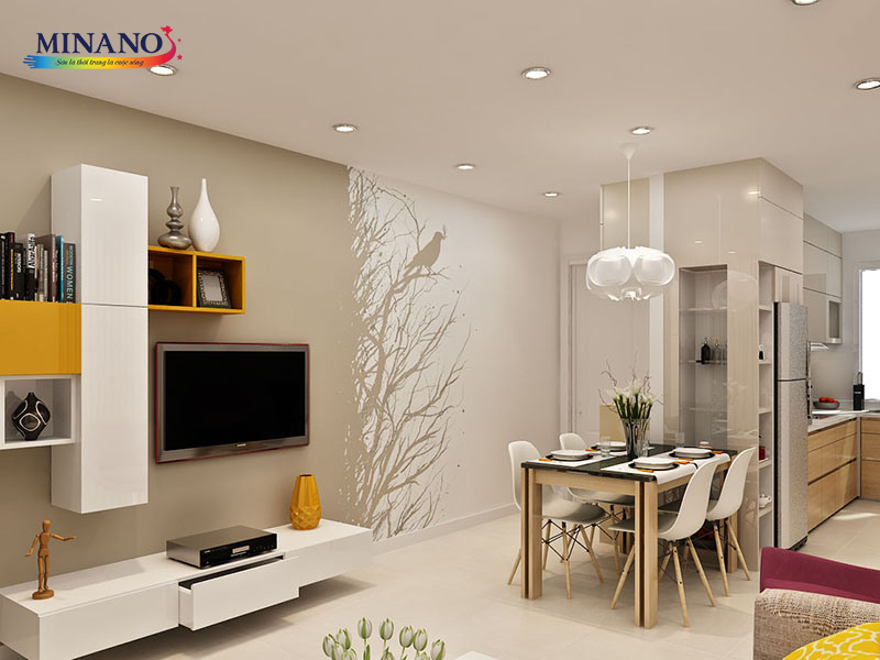 Bức tranh phòng khách ấm cúng và dịu dàng với tone màu nâu trắng. Dải màu nâu từ nhạt đến đậm tạo cảm giác ấm áp và mộc mạc trong không gian
