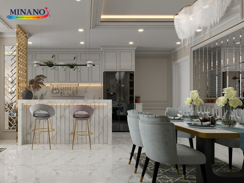 Kết hợp giữa tone màu ghi và nội thất tân cổ điển mang đến không gian phòng bếp vừa lịch lãm, vừa sang trọng, là nơi lý tưởng để nấu ăn và tận hưởng những khoảnh khắc ẩm thực đặc biệt