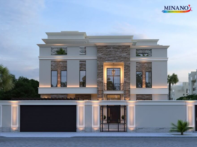Phối màu biệt thự nhà phố với màu sơn trắng tinh khiết, điểm nhấn là sơn hiệu ứng đá giả gạch, tạo nên vẻ đẹp ấn tượng và sang trọng