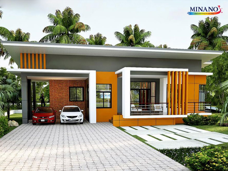 Phối sơn ngoại thất màu cam gạch tự nhiên, điểm nhấn là màu ghi tạo nên không gian sống gần gũi với thiên nhiên