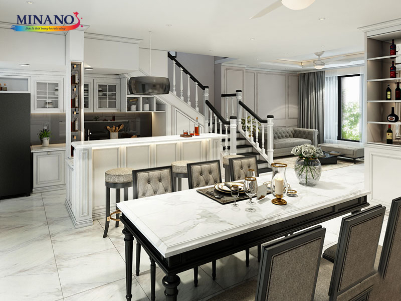 Phòng bếp tạo cảm giác như một tác phẩm nghệ thuật hòa quyện giữa truyền thống và hiện đại