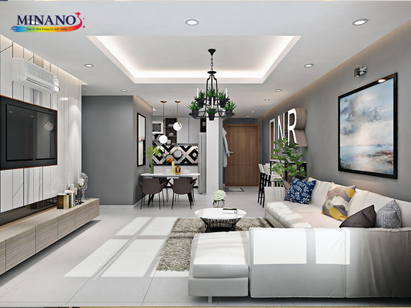 Phòng khách thanh lịch và sang trọng với tông màu ghi làm chủ đạo. Màu ghi tạo cảm giác tinh tế và trang nhã trong không gian
