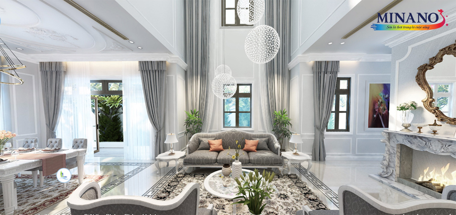 Phòng khách với màu sơn nội thất màu trắng tạo nên không gian sạch sẽ và rộng rãi, các món đồ nội thất màu ghi xám tạo điểm nhấn tinh tế và độc đáo