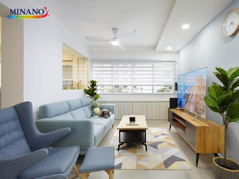 Sơn phòng khách thanh lịch và tinh tế với tone màu trắng làm chủ đạo. Màu trắng tạo nền cho không gian tươi sáng và trang nhã