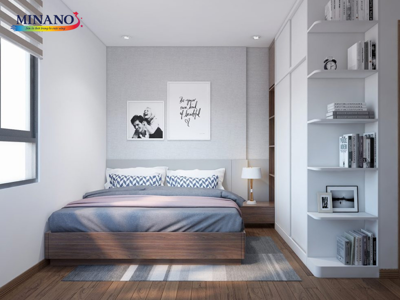 Màu sơn chung cư đẹp phòng ngủ tone màu xám ghi kết hợp cùng với nội thất hiện đại, tạo nên một không gian phong cách và tinh tế