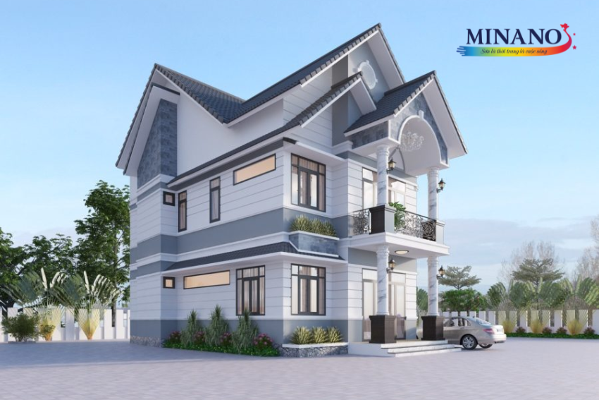 Phối màu sơn nhà xám ghi - xanh
