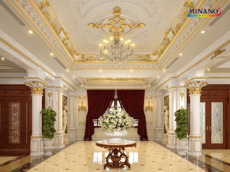 phòng khách sơn phào chỉ trần nhà đẹp sử dụng tone màu vàng cổ điển