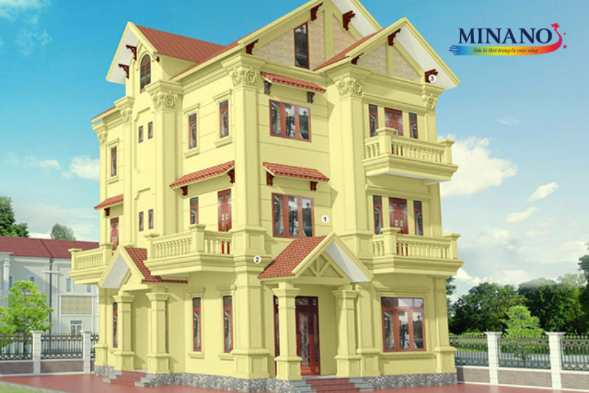 Mặt tiền ngoại thất của căn nhà được sơn màu vàng chanh bắt mắt