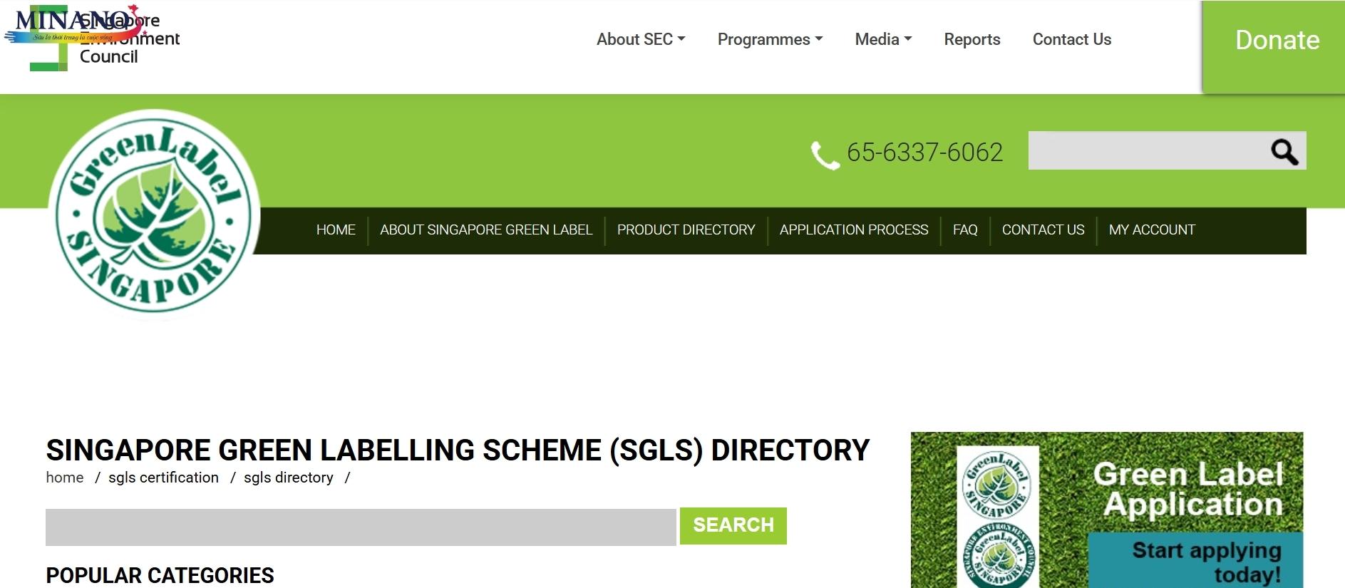 Giao diện trang tra cứu sản phẩm đạt chuẩn Green Label Singapore